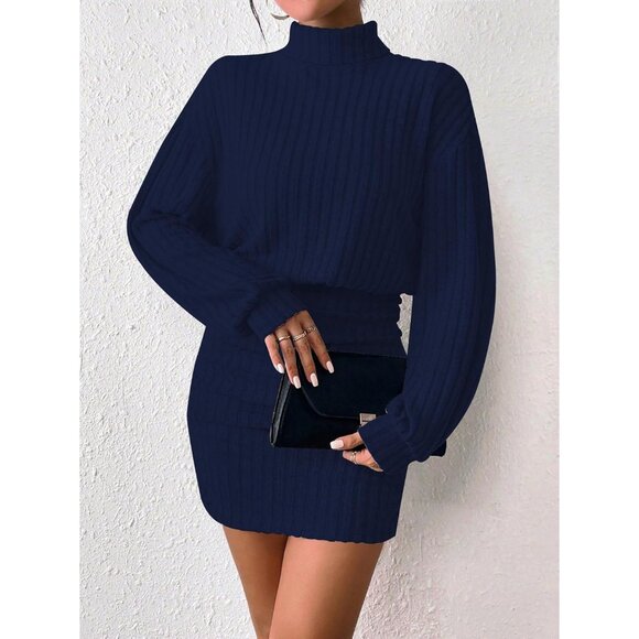 Women Ribbed Knit Sweater Dark Blue Dress Lantern Sleeve Turtleneck Mini Bodycon - Picture 2 of 5